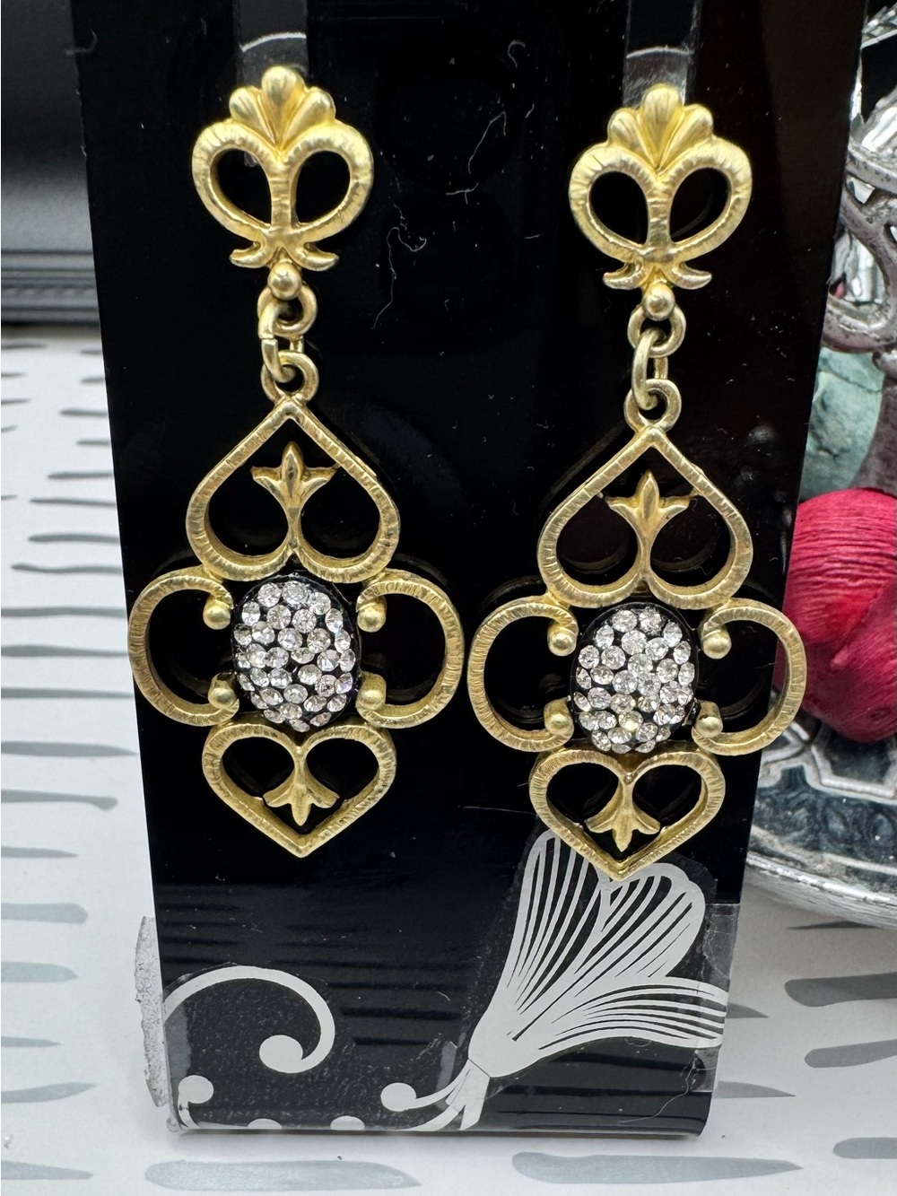 Weingeroff Vintage Gold Tone Crystal Pave Filigree Drop Statement Earrings